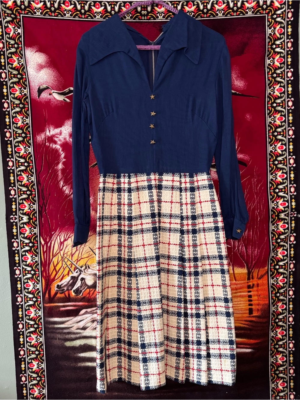 vintage 60s 70s patriotic plaid long sleeve dress w/ tweed skirt